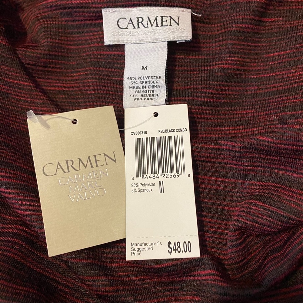 Carmen Marc Valvo Peplum Top Bracelet Sleeve Red Black Space Dye Women’s Medium - Picture 3 of 8